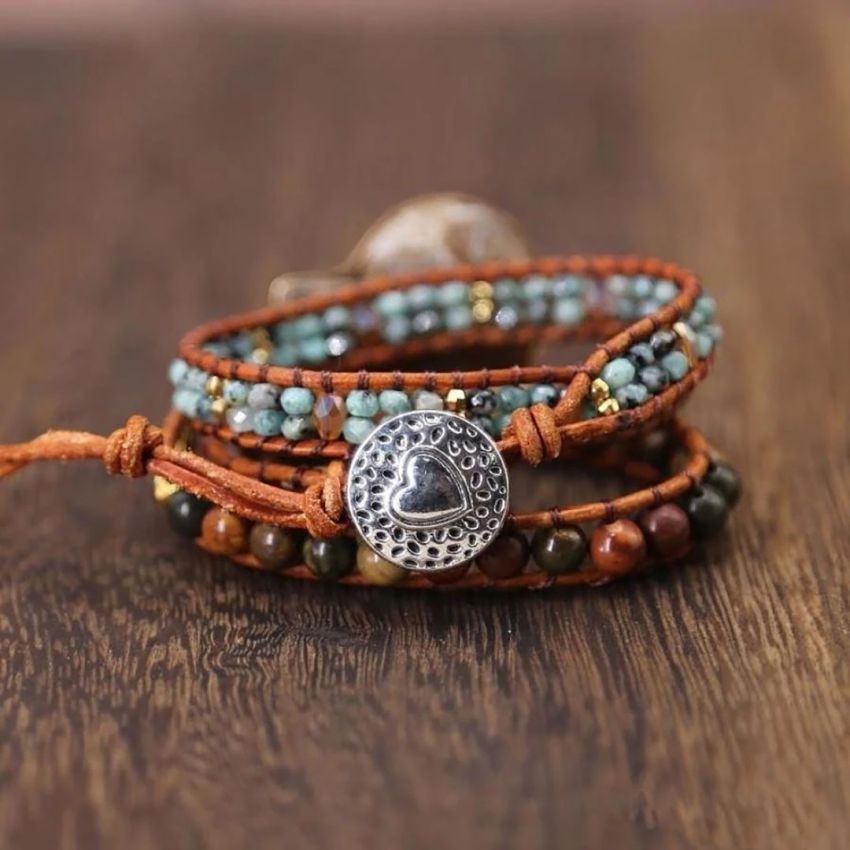 African Turquoise, Jasper & Ammonite Leather Wrap Bracelet