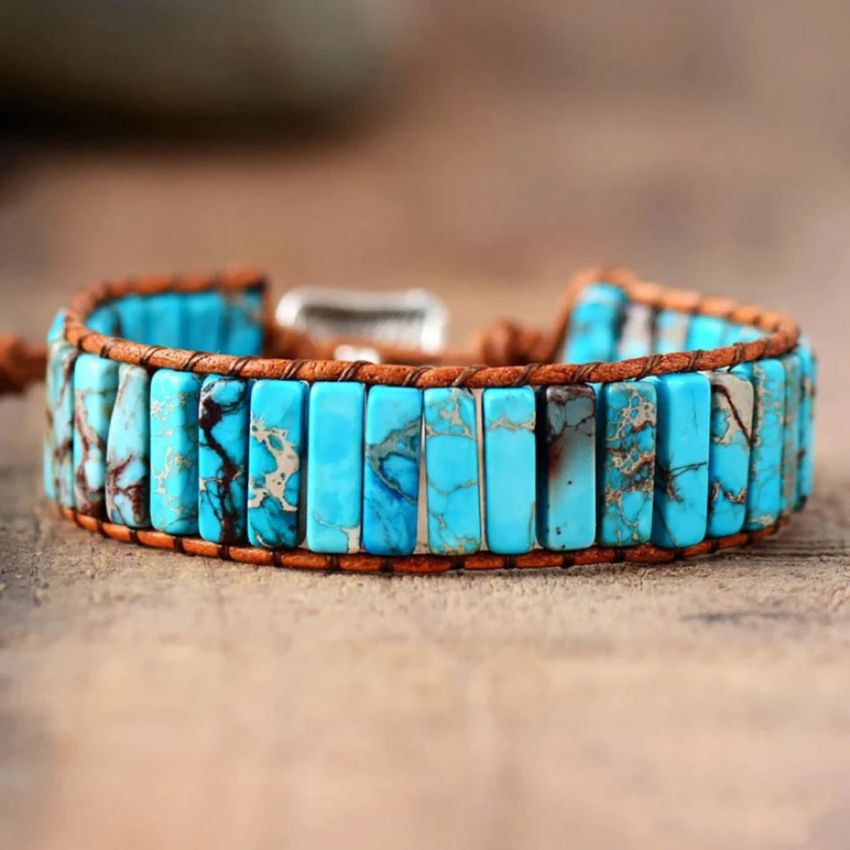 Turquoise Jasper Tube Stone Leather Wrap Bracelet