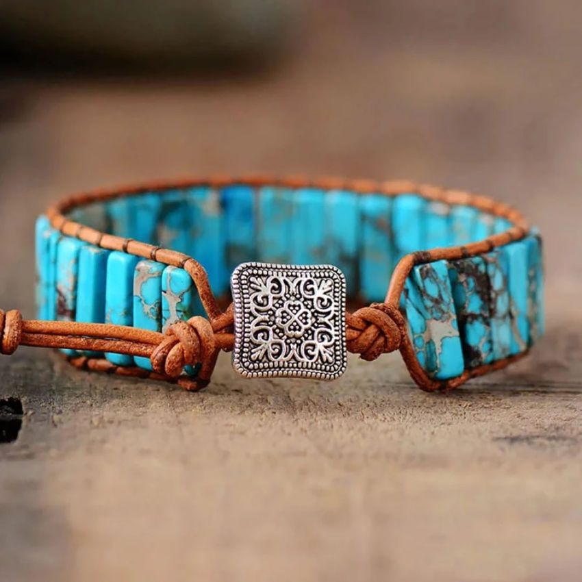 Turquoise Jasper Tube Stone Leather Wrap Bracelet