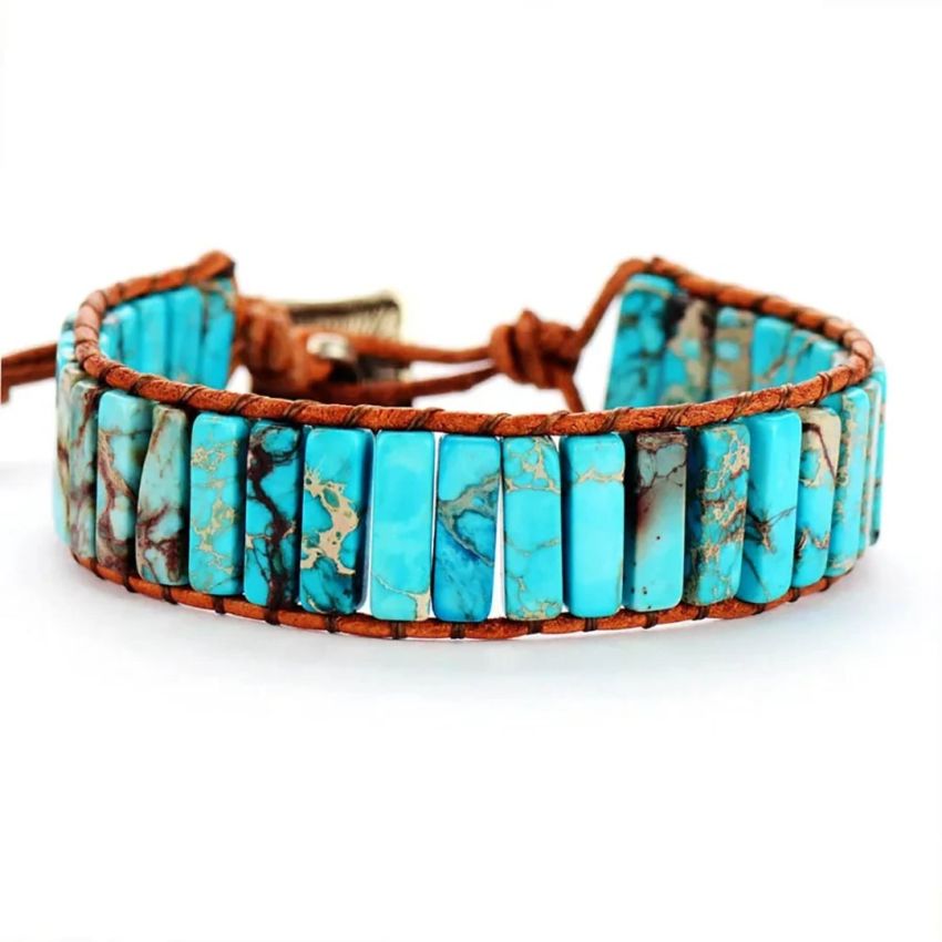 Turquoise Jasper Tube Stone Leather Wrap Bracelet