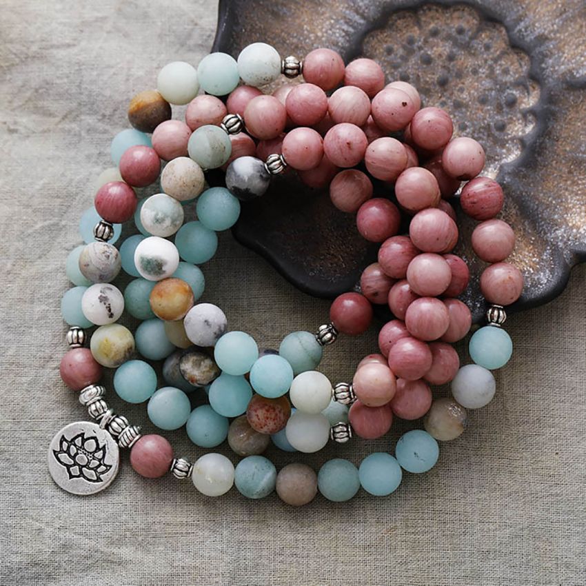 Amazonite & Rhodonite 108 Mala Prayer Bead Bracelet