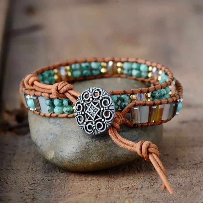 Jade & Crystal Boho Leather Wrap Bracelet