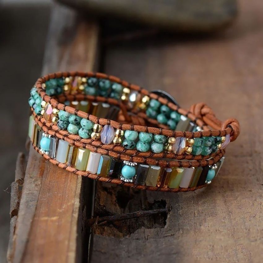 Jade & Crystal Boho Leather Wrap Bracelet