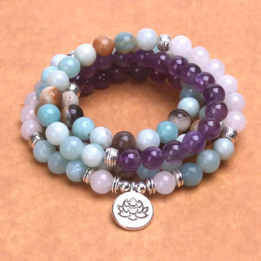 108 Bead Mala Bracelet – Amazonite, Rose Quartz & Amethyst