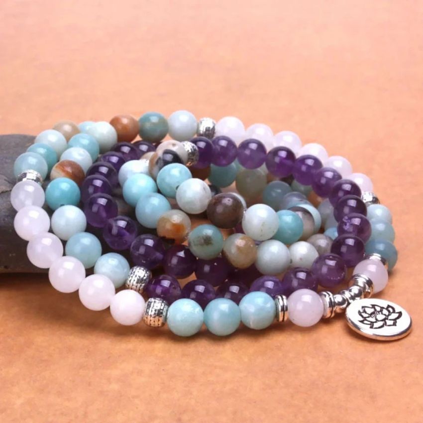 108 Bead Mala Bracelet – Amazonite, Rose Quartz & Amethyst