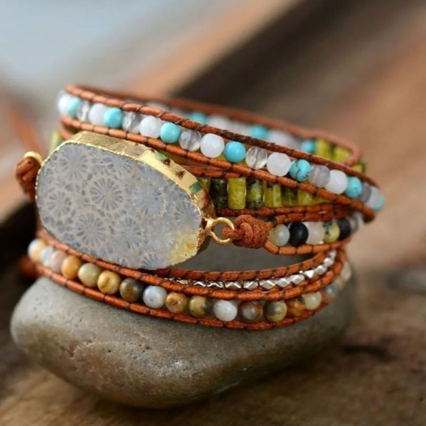 Chrysanthemum Stone Wrap Bracelet – Jasper, Turquoise & Onyx
