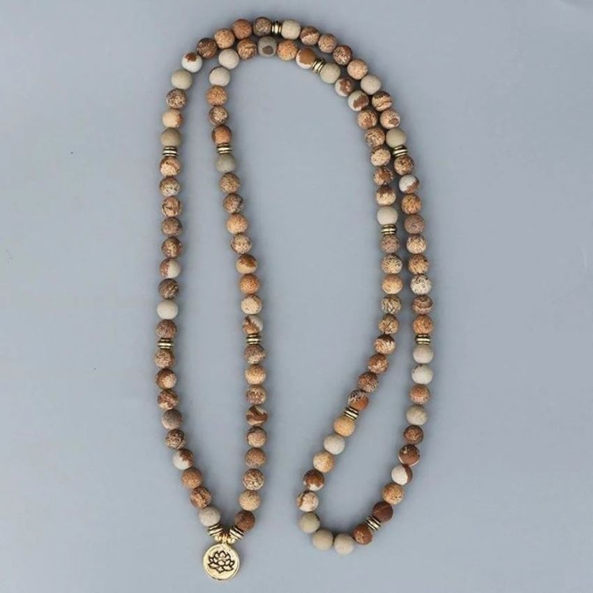 108 Natural Matte Picture Jasper Mala Bead Bracelet – Meditation Necklace with Lotus, Buddha or Ohm Charm