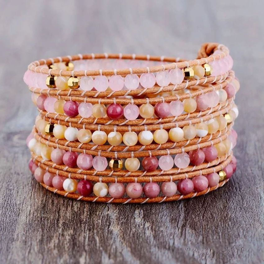 Natural Rose Quartz, Yellow Onyx & Rhodonite Leather Wrap Bracelet – 5 Layer Adjustable