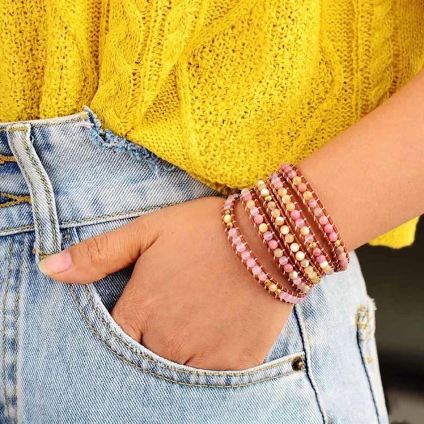 Natural Rose Quartz, Yellow Onyx & Rhodonite Leather Wrap Bracelet – 5 Layer Adjustable