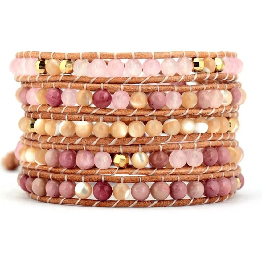 Natural Rose Quartz, Yellow Onyx & Rhodonite Leather Wrap Bracelet – 5 Layer Adjustable