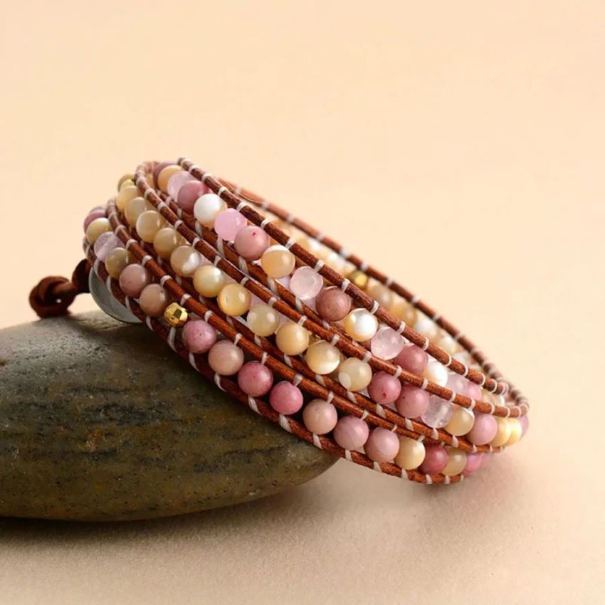 Natural Rose Quartz, Yellow Onyx & Rhodonite Leather Wrap Bracelet – 5 Layer Adjustable