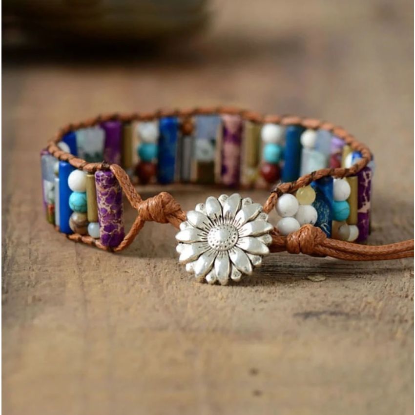 Handmade Natural Gemstone Sunflower Leather Wrap Bracelet – Adjustable Healing Jewelry