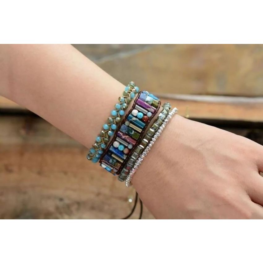 Handmade Natural Gemstone Sunflower Leather Wrap Bracelet – Adjustable Healing Jewelry