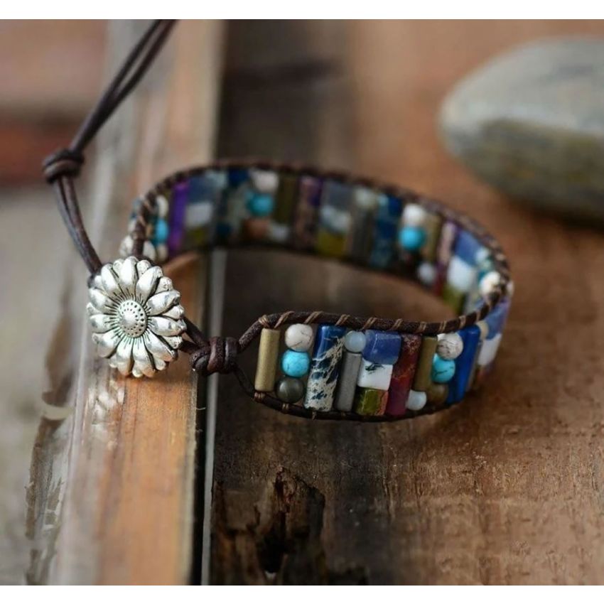 Handmade Natural Gemstone Sunflower Leather Wrap Bracelet – Adjustable Healing Jewelry