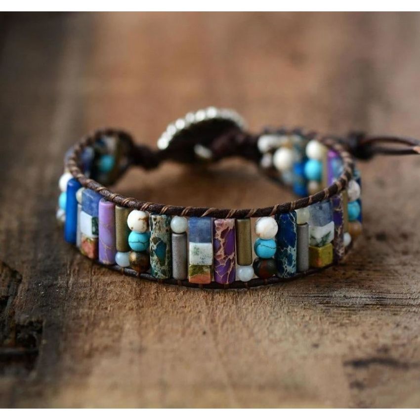 Handmade Natural Gemstone Sunflower Leather Wrap Bracelet – Adjustable Healing Jewelry