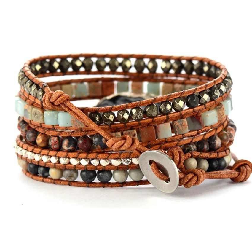 Handmade Jasper & Agate Druzy Leather Wrap Bracelet – 5 Layer Adjustable Gemstone Jewelry
