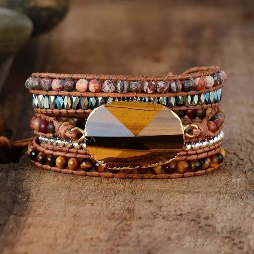 Natural Tiger Eye & Jasper Beaded Wrap Bracelet – 5 Layer Adjustable Healing Jewelry