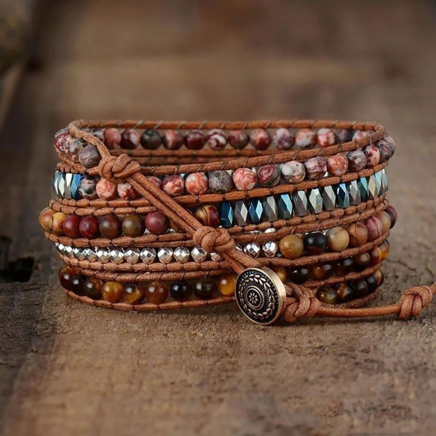 Natural Tiger Eye & Jasper Beaded Wrap Bracelet – 5 Layer Adjustable Healing Jewelry