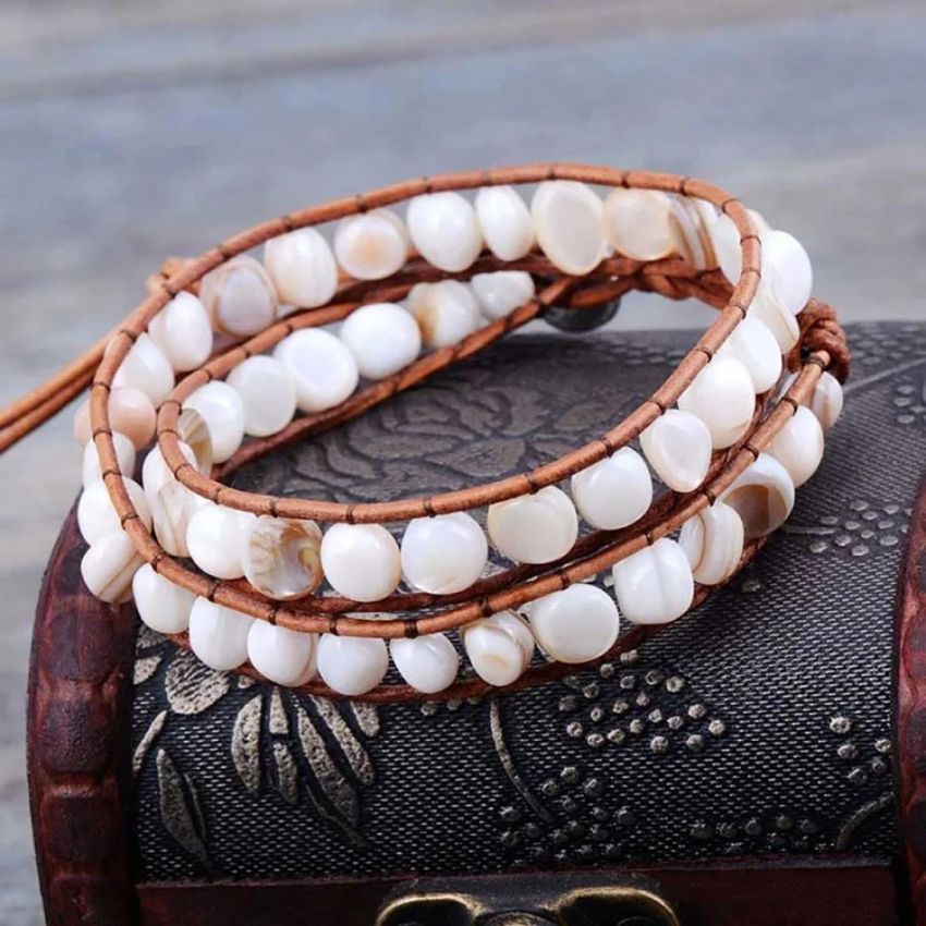 Natural Shell Beads Leather Two Layer Bracelet – Handmade Boho Adjustable Jewelry