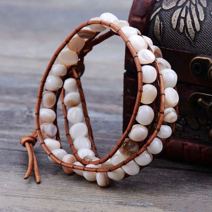 Natural Shell Beads Leather Two Layer Bracelet – Handmade Boho Adjustable Jewelry