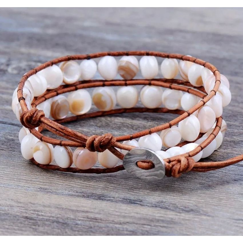 Natural Shell Beads Leather Two Layer Bracelet – Handmade Boho Adjustable Jewelry