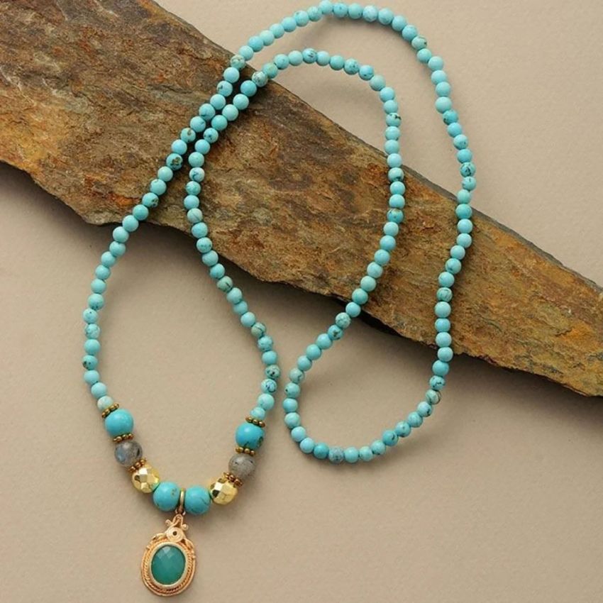 Handmade Turquoise & Labradorite Yoga Bead Bracelet / Necklace – Healing Gemstone Jewelry