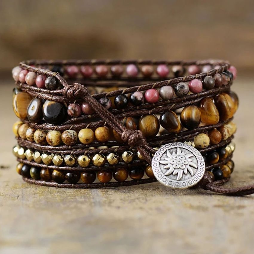 Natural Tiger Eye & Rhodonite Wrap Bracelet – 5 Layer Handmade Gemstone Jewelry