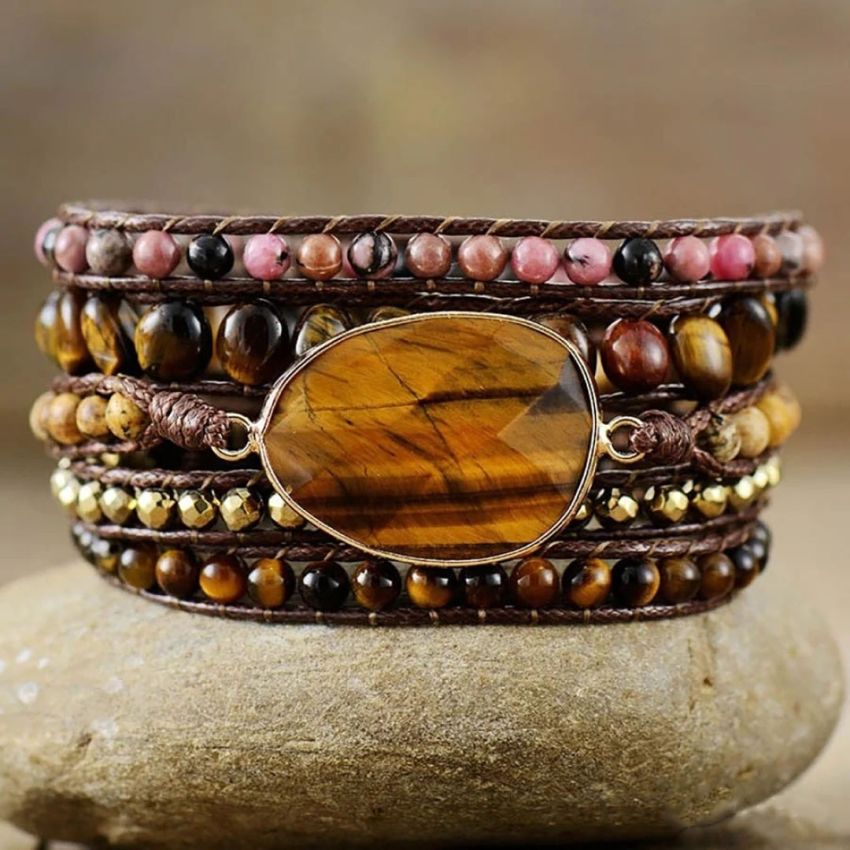 Natural Tiger Eye & Rhodonite Wrap Bracelet – 5 Layer Handmade Gemstone Jewelry