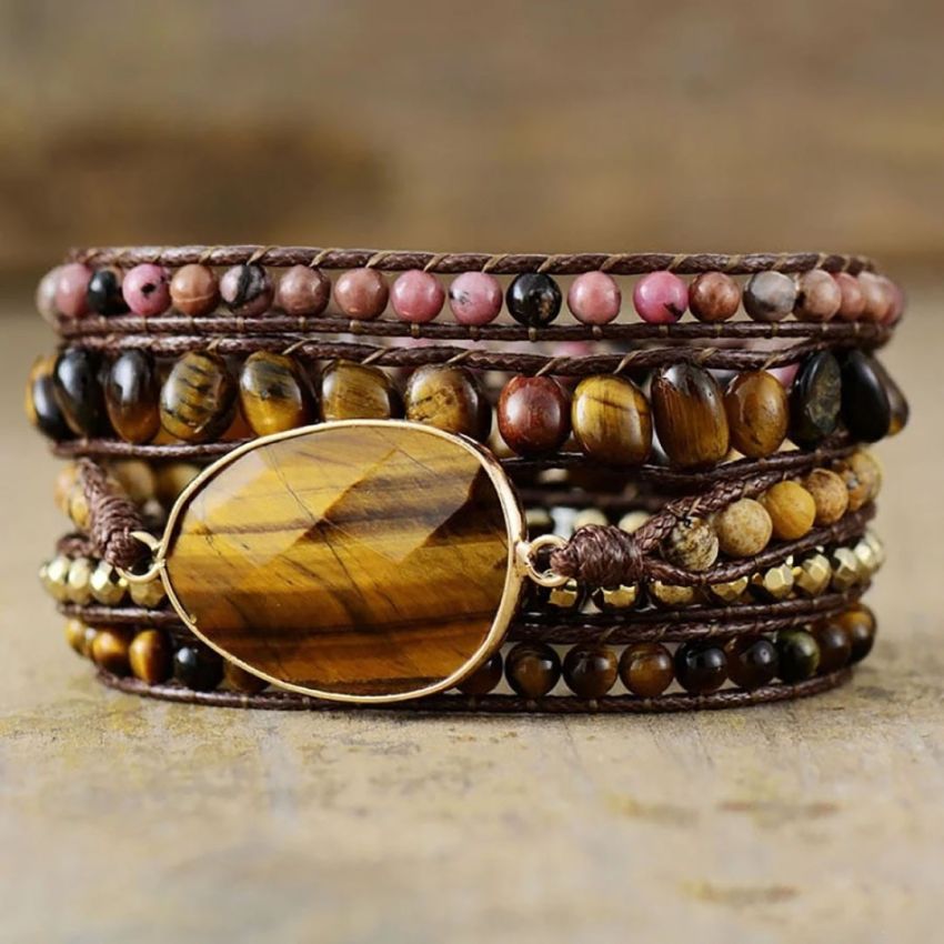 Natural Tiger Eye & Rhodonite Wrap Bracelet – 5 Layer Handmade Gemstone Jewelry
