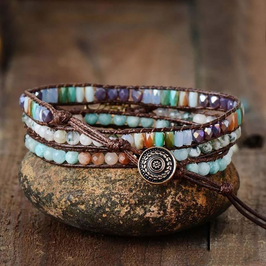 Natural Mixed Gemstones Wrap Bracelet with Tree of Life Charm – Handmade Adjustable Jewelry