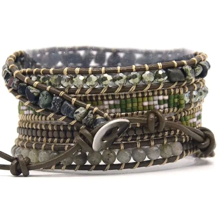 Handmade Green Agate & Labradorite Leather Wrap Bracelet – 5 Layer Healing Gemstone Jewelry
