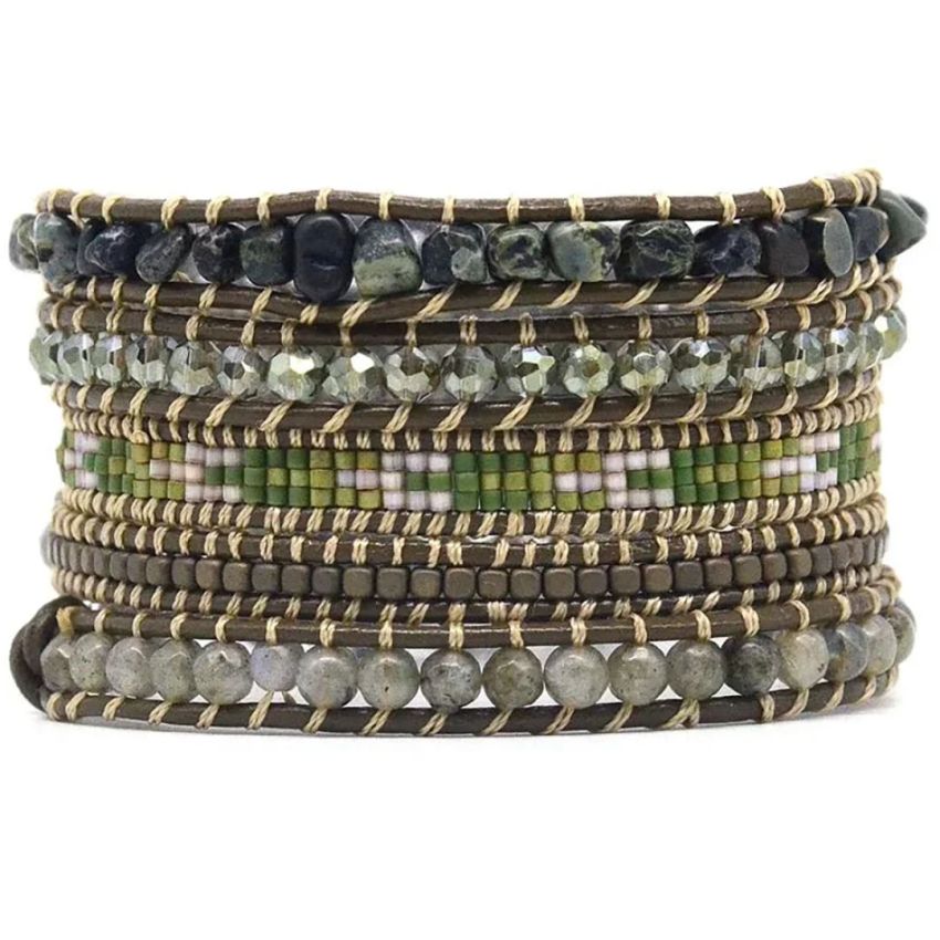 Handmade Green Agate & Labradorite Leather Wrap Bracelet – 5 Layer Healing Gemstone Jewelry