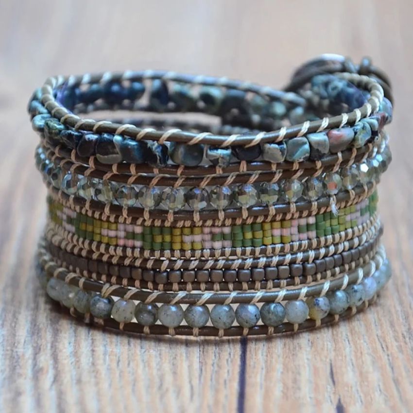 Handmade Green Agate & Labradorite Leather Wrap Bracelet – 5 Layer Healing Gemstone Jewelry