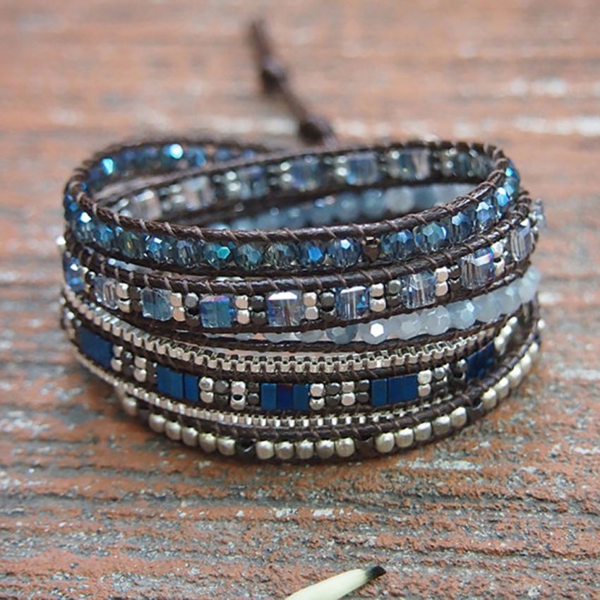 Handmade Crystal & Hematite Blue Wrap Bracelet – 5 Layer Vegan Cord Healing Jewelry