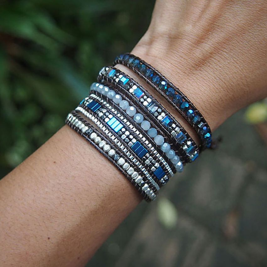Handmade Crystal & Hematite Blue Wrap Bracelet – 5 Layer Vegan Cord Healing Jewelry
