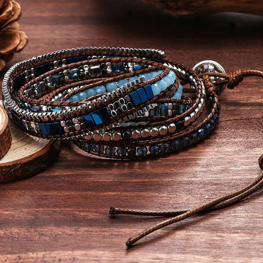 Handmade Crystal & Hematite Blue Wrap Bracelet – 5 Layer Vegan Cord Healing Jewelry
