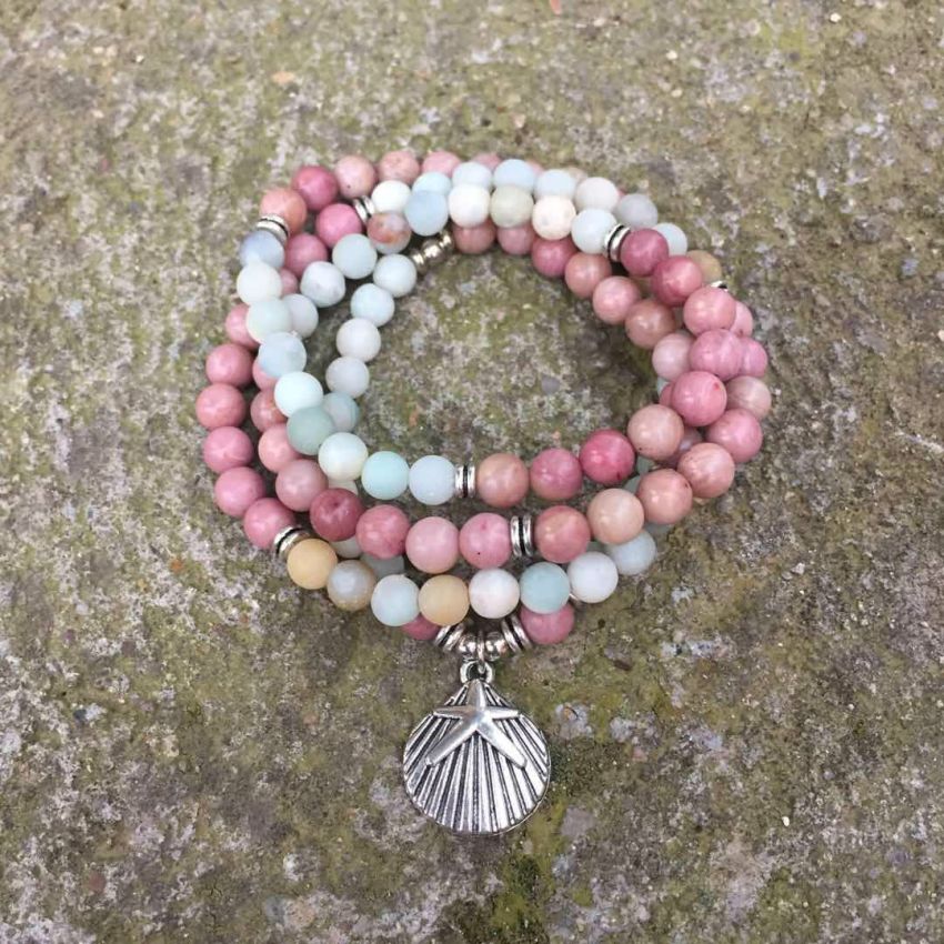 108 Matte Amazonite & Rhodonite Mala Beads – Handmade Meditation Necklace/Bracelet with Seashell Charm