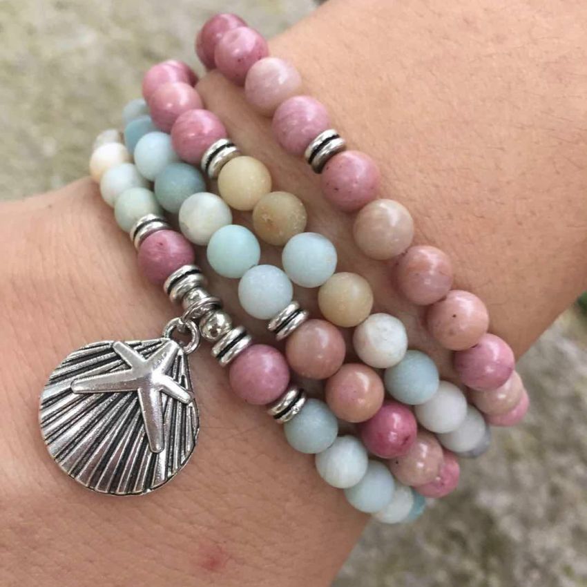 108 Matte Amazonite & Rhodonite Mala Beads – Handmade Meditation Necklace/Bracelet with Seashell Charm