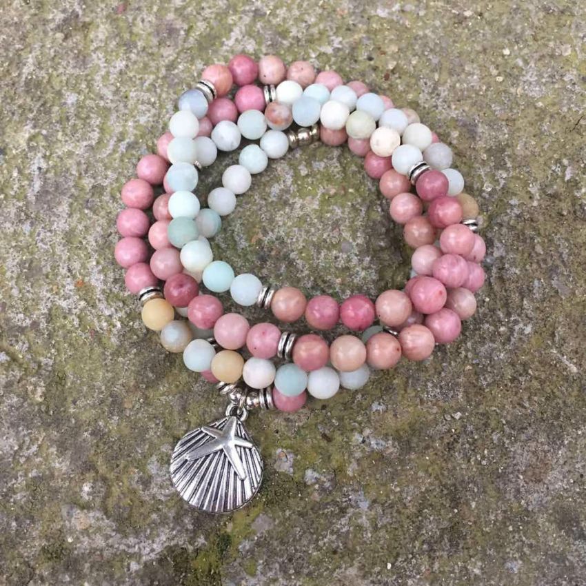 108 Matte Amazonite & Rhodonite Mala Beads – Handmade Meditation Necklace/Bracelet with Seashell Charm