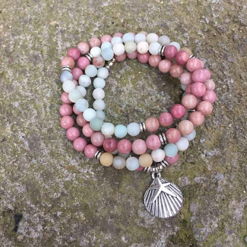 108 Matte Amazonite & Rhodonite Mala Beads – Handmade Meditation Necklace/Bracelet with Seashell Charm
