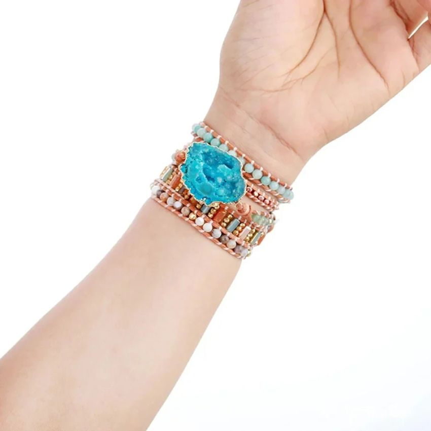 Handmade Jasper, Aventurine & Amazonite Druzy Leather Wrap Bracelet – 32.5