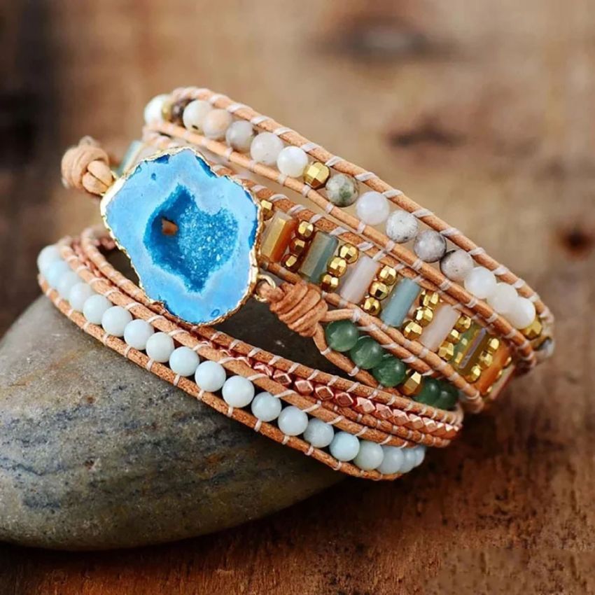 Handmade Jasper, Aventurine & Amazonite Druzy Leather Wrap Bracelet – 32.5