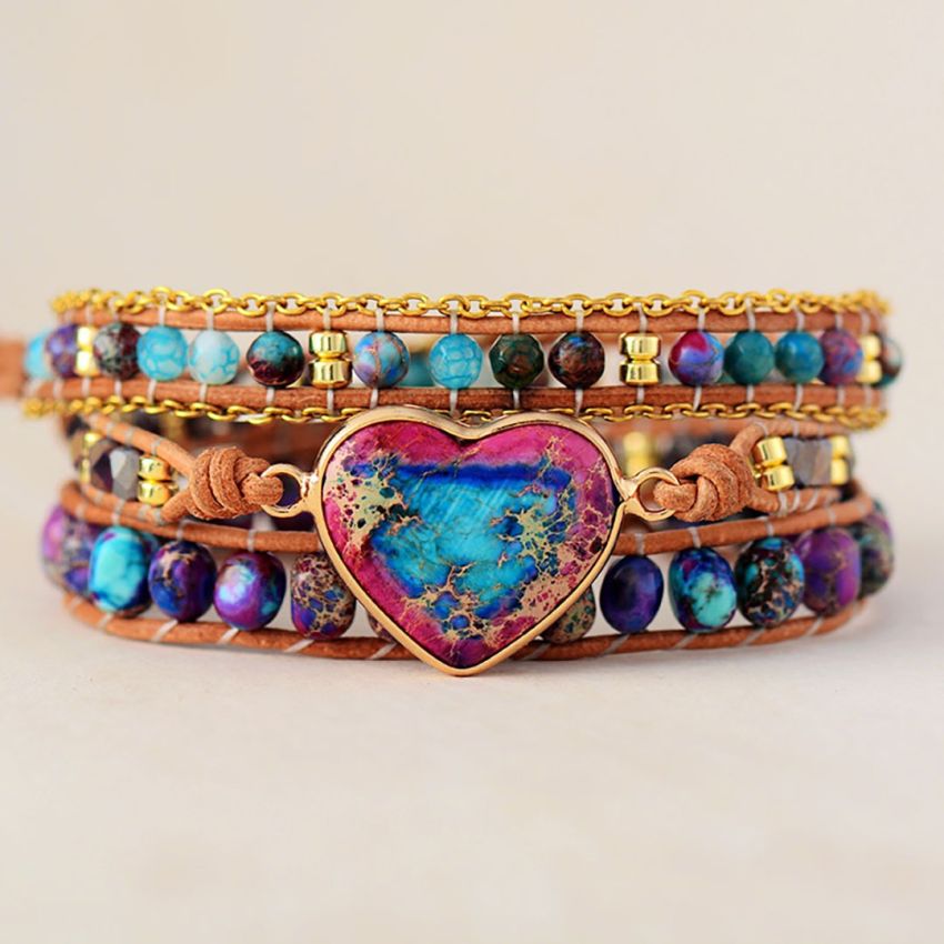 Handmade Purple & Turquoise Jasper Heart Wrap Bracelet – Genuine Leather, Adjustable
