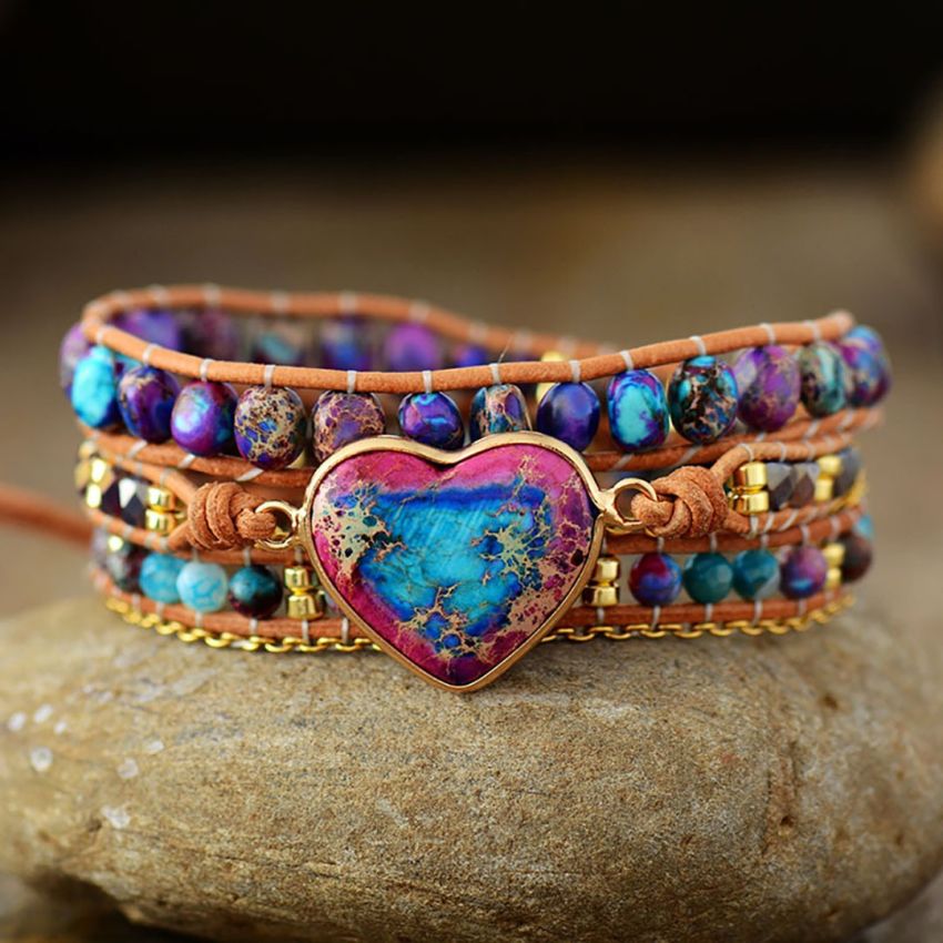 Handmade Purple & Turquoise Jasper Heart Wrap Bracelet – Genuine Leather, Adjustable