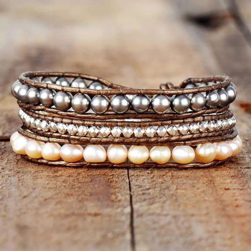 Handmade Two-tone Freshwater Pearl Wrap Bracelet – Gray & Pink Pearls on Leather