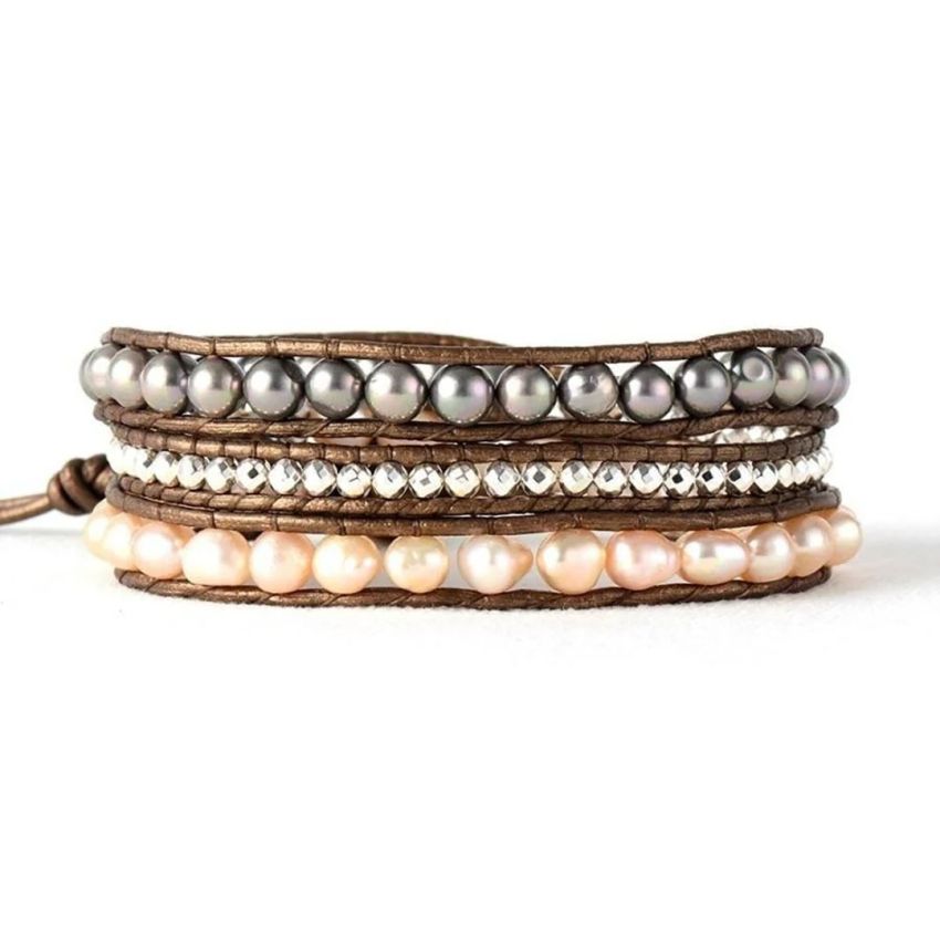 Handmade Two-tone Freshwater Pearl Wrap Bracelet – Gray & Pink Pearls on Leather