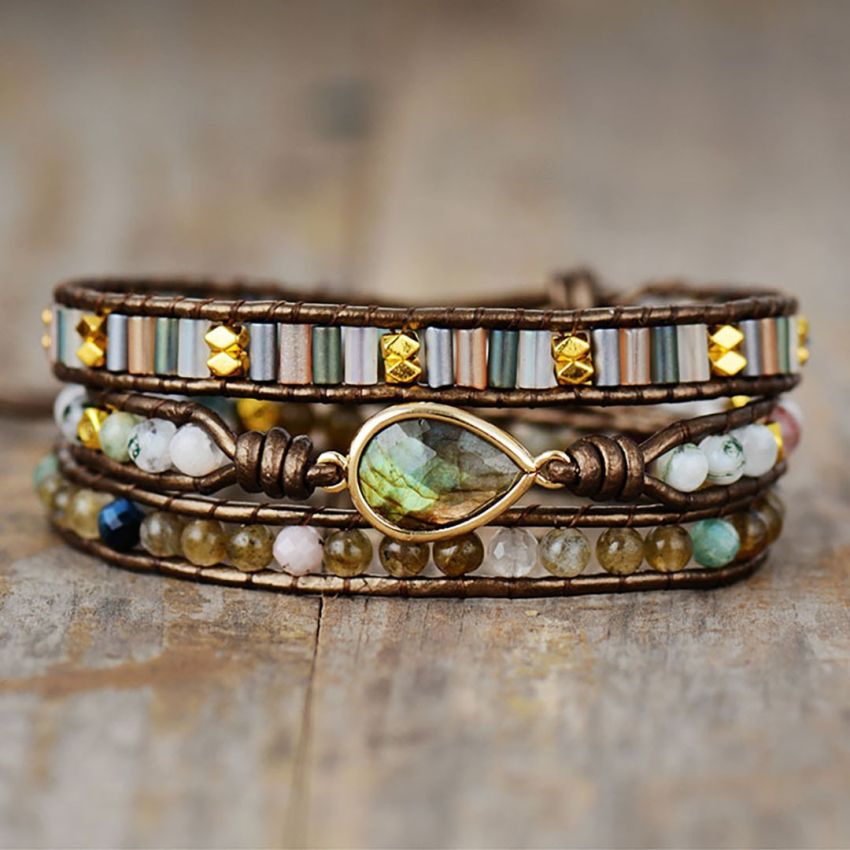 Natural Labradorite Teardrop Bronze Wrap Bracelet – Handmade Gemstone Jewelry