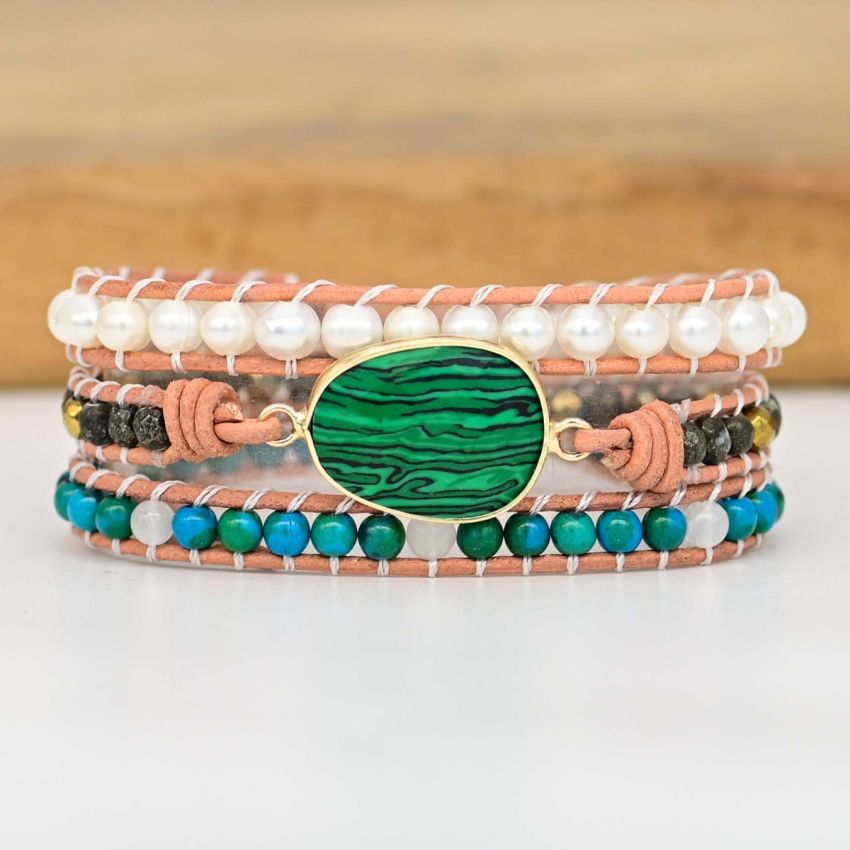 Handmade Malachite Chrysocolla & Pearl Wrap Bracelet – Natural Gemstone Jewelry