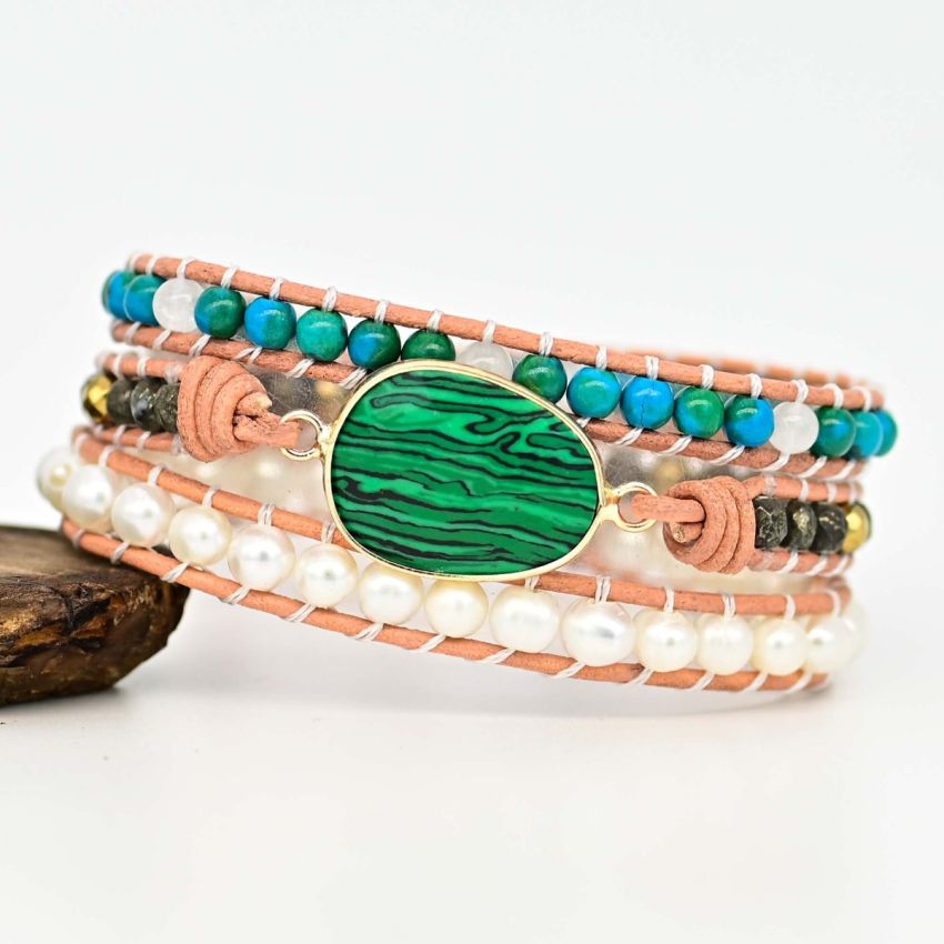Handmade Malachite Chrysocolla & Pearl Wrap Bracelet – Natural Gemstone Jewelry