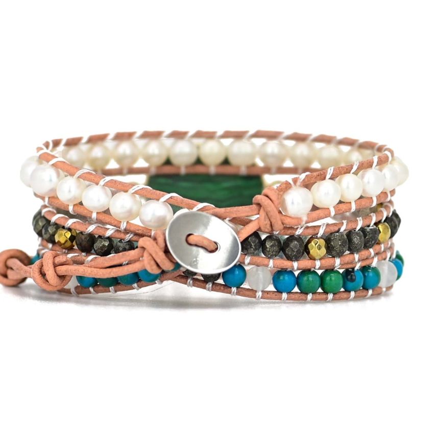 Handmade Malachite Chrysocolla & Pearl Wrap Bracelet – Natural Gemstone Jewelry